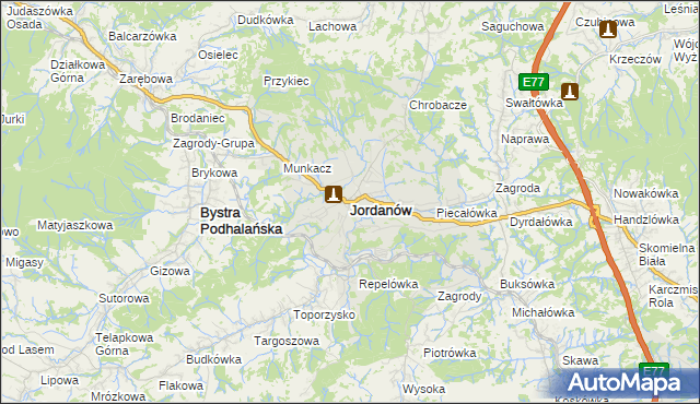 mapa Jordanów powiat suski, Jordanów powiat suski na mapie Targeo