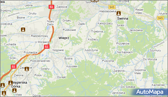 mapa Juszczyna, Juszczyna na mapie Targeo