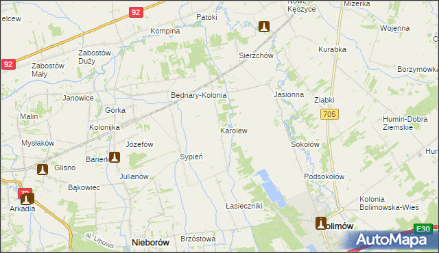 mapa Karolew gmina Nieborów, Karolew gmina Nieborów na mapie Targeo