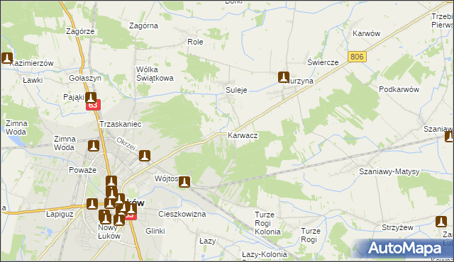 mapa Karwacz gmina Łuków, Karwacz gmina Łuków na mapie Targeo