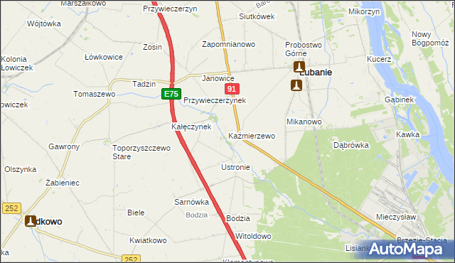 mapa Kaźmierzewo gmina Lubanie, Kaźmierzewo gmina Lubanie na mapie Targeo