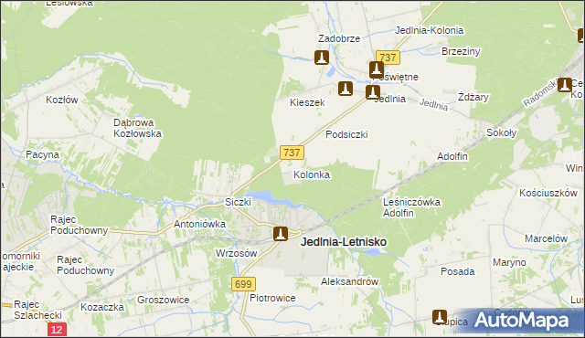 mapa Kolonka gmina Pionki, Kolonka gmina Pionki na mapie Targeo