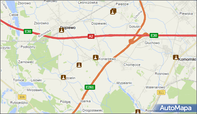 mapa Konarzewo gmina Dopiewo, Konarzewo gmina Dopiewo na mapie Targeo