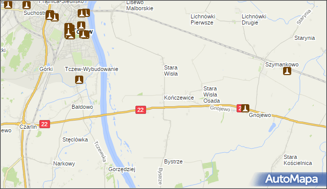 mapa Kończewice gmina Miłoradz, Kończewice gmina Miłoradz na mapie Targeo