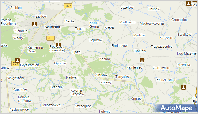 mapa Kopiec gmina Iwaniska, Kopiec gmina Iwaniska na mapie Targeo