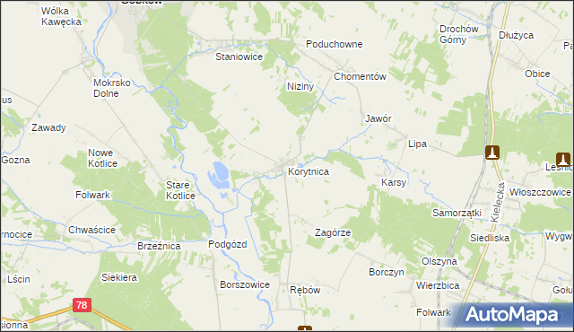 mapa Korytnica gmina Sobków, Korytnica gmina Sobków na mapie Targeo