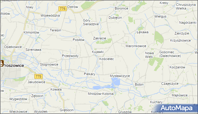 mapa Kościelec gmina Proszowice, Kościelec gmina Proszowice na mapie Targeo