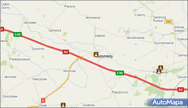 mapa Kostomłoty powiat średzki, Kostomłoty powiat średzki na mapie Targeo