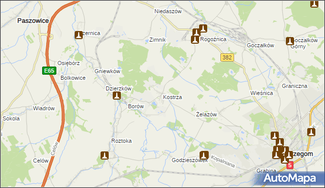 mapa Kostrza gmina Strzegom, Kostrza gmina Strzegom na mapie Targeo