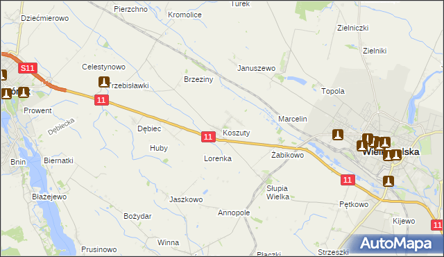 mapa Koszuty gmina Środa Wielkopolska, Koszuty gmina Środa Wielkopolska na mapie Targeo