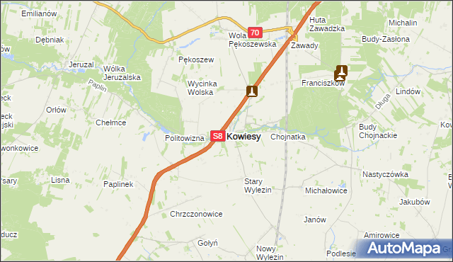 mapa Kowiesy powiat skierniewicki, Kowiesy powiat skierniewicki na mapie Targeo