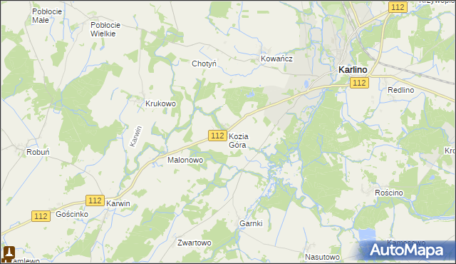 mapa Kozia Góra gmina Karlino, Kozia Góra gmina Karlino na mapie Targeo
