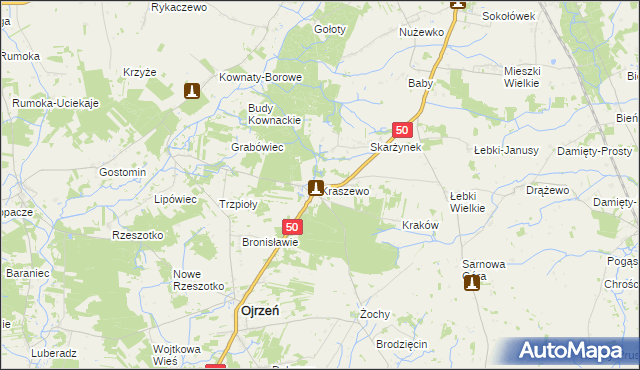 mapa Kraszewo gmina Ojrzeń, Kraszewo gmina Ojrzeń na mapie Targeo