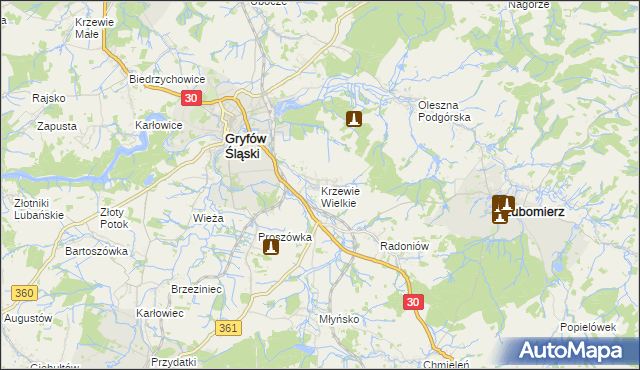 mapa Krzewie Wielkie, Krzewie Wielkie na mapie Targeo