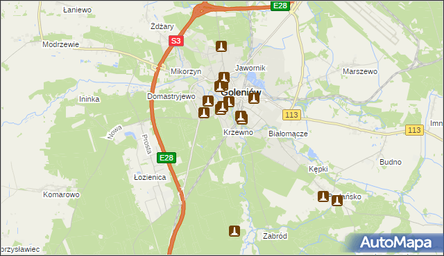 mapa Krzewno gmina Goleniów, Krzewno gmina Goleniów na mapie Targeo