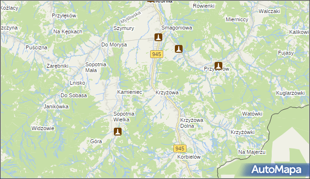 mapa Krzyżowa gmina Jeleśnia, Krzyżowa gmina Jeleśnia na mapie Targeo