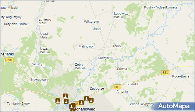 mapa Kuczyn gmina Klukowo, Kuczyn gmina Klukowo na mapie Targeo