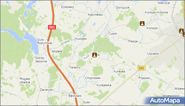 mapa Kurki gmina Grajewo, Kurki gmina Grajewo na mapie Targeo