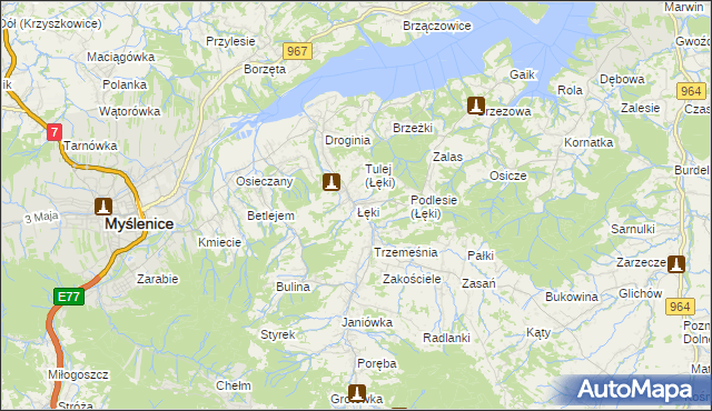 mapa Łęki gmina Myślenice, Łęki gmina Myślenice na mapie Targeo