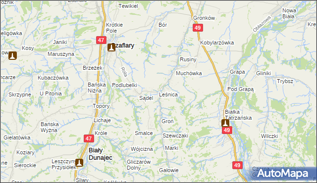 mapa Leśnica gmina Bukowina Tatrzańska, Leśnica gmina Bukowina Tatrzańska na mapie Targeo
