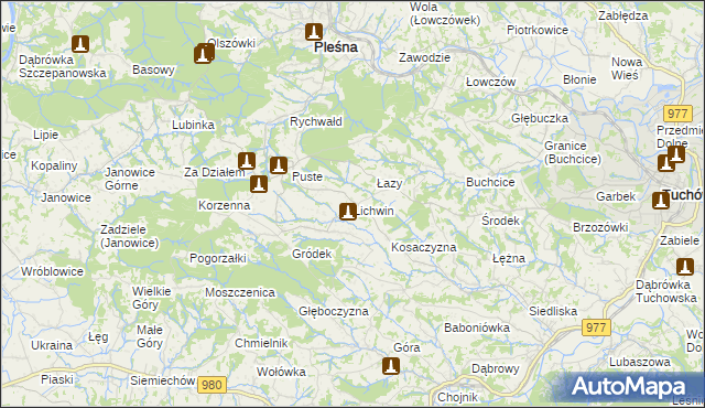 mapa Lichwin gmina Pleśna, Lichwin gmina Pleśna na mapie Targeo