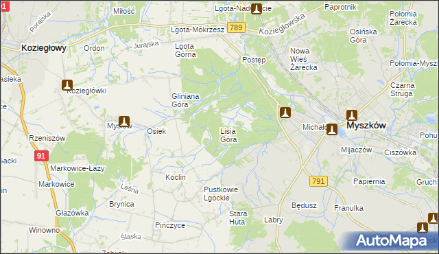 mapa Lisia Góra gmina Koziegłowy, Lisia Góra gmina Koziegłowy na mapie Targeo