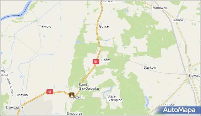mapa Lisów gmina Słubice, Lisów gmina Słubice na mapie Targeo