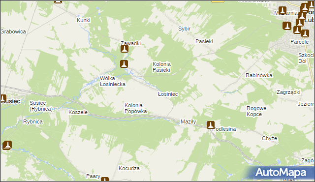 mapa Łosiniec gmina Susiec, Łosiniec gmina Susiec na mapie Targeo