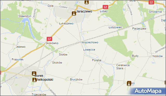 mapa Łowęcice gmina Jaraczewo, Łowęcice gmina Jaraczewo na mapie Targeo