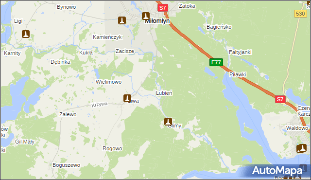 mapa Lubień gmina Miłomłyn, Lubień gmina Miłomłyn na mapie Targeo