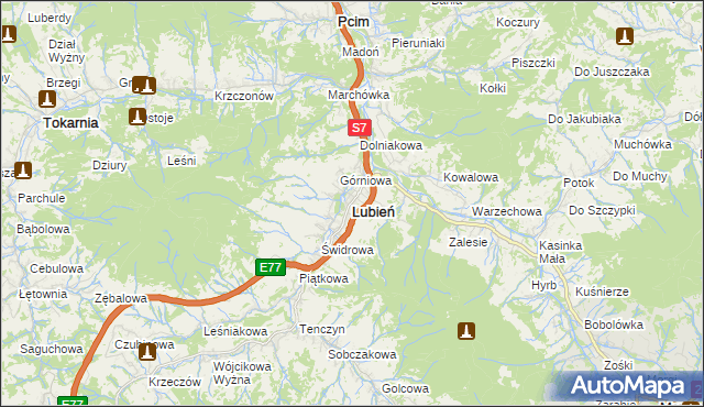 mapa Lubień powiat myślenicki, Lubień powiat myślenicki na mapie Targeo