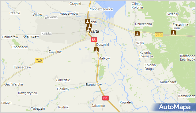 mapa Małków gmina Warta, Małków gmina Warta na mapie Targeo