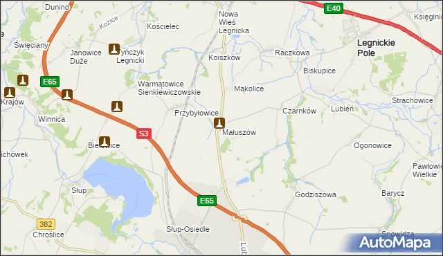 mapa Małuszów gmina Męcinka, Małuszów gmina Męcinka na mapie Targeo