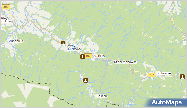 mapa Maniów gmina Komańcza, Maniów gmina Komańcza na mapie Targeo