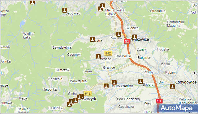 mapa Meszna gmina Wilkowice, Meszna gmina Wilkowice na mapie Targeo