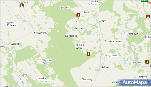 mapa Miejska Wola gmina Ostróda, Miejska Wola gmina Ostróda na mapie Targeo