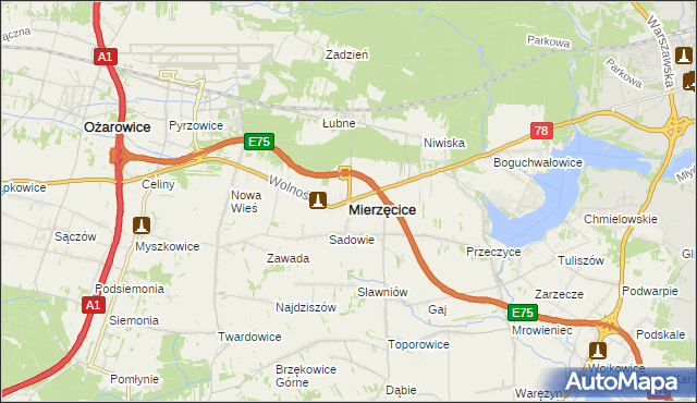 mapa Mierzęcice, Mierzęcice na mapie Targeo
