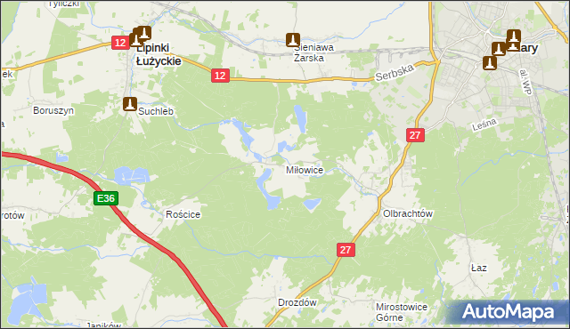 mapa Miłowice gmina Żary, Miłowice gmina Żary na mapie Targeo