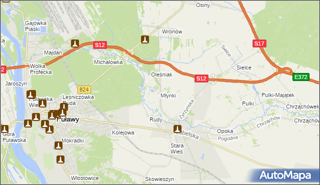 mapa Młynki gmina Końskowola, Młynki gmina Końskowola na mapie Targeo