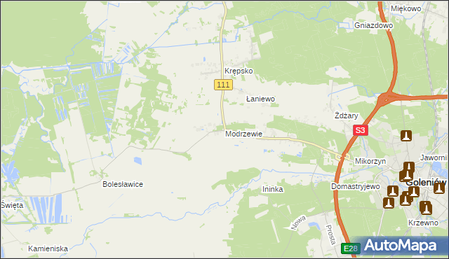 mapa Modrzewie gmina Goleniów, Modrzewie gmina Goleniów na mapie Targeo