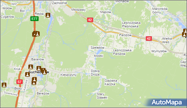 mapa Mostki gmina Suchedniów, Mostki gmina Suchedniów na mapie Targeo