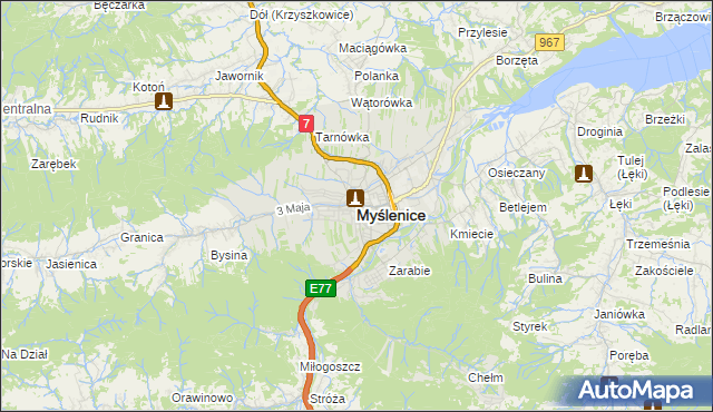 mapa Myślenice, Myślenice na mapie Targeo