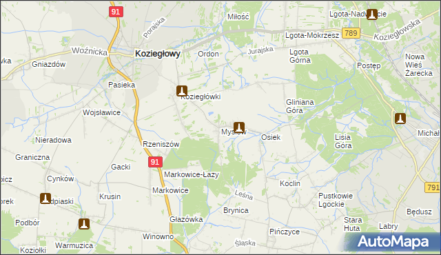 mapa Mysłów gmina Koziegłowy, Mysłów gmina Koziegłowy na mapie Targeo
