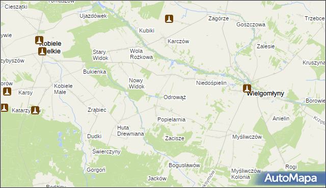 mapa Odrowąż gmina Wielgomłyny, Odrowąż gmina Wielgomłyny na mapie Targeo