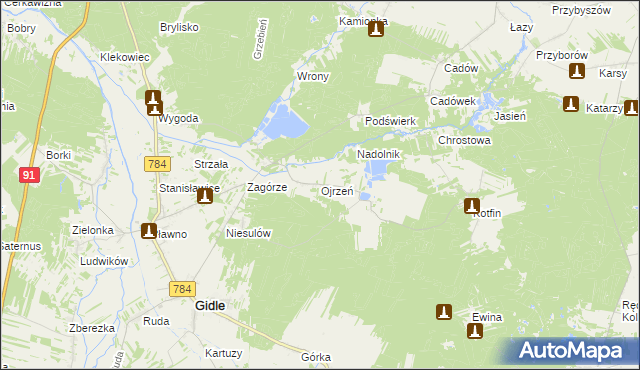 mapa Ojrzeń gmina Gidle, Ojrzeń gmina Gidle na mapie Targeo