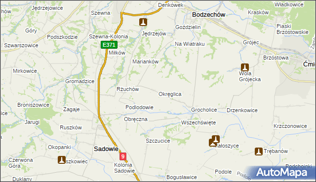 mapa Okręglica gmina Sadowie, Okręglica gmina Sadowie na mapie Targeo
