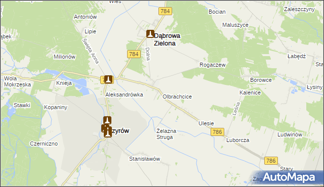mapa Olbrachcice gmina Dąbrowa Zielona, Olbrachcice gmina Dąbrowa Zielona na mapie Targeo