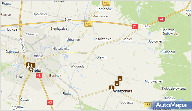 mapa Olewin gmina Wieluń, Olewin gmina Wieluń na mapie Targeo