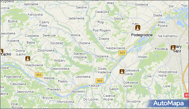 mapa Olszanka gmina Podegrodzie, Olszanka gmina Podegrodzie na mapie Targeo