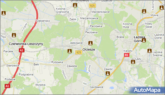 mapa Orzesze powiat mikołowski, Orzesze powiat mikołowski na mapie Targeo